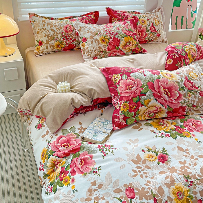 91家纺网 家纺一手货源 找家纺 朵朵家纺 2025新款亲肤水洗棉芦荟棉印花四件套 花初