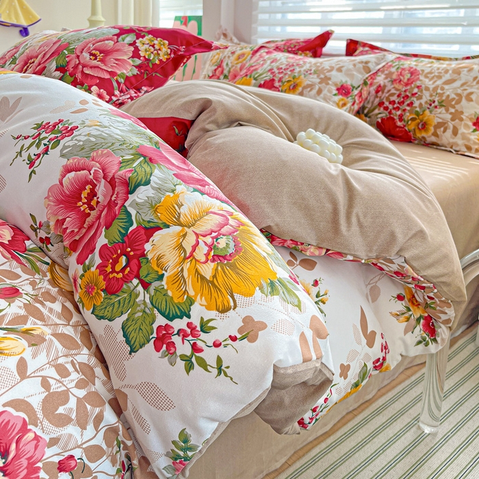 91家纺网 家纺一手货源 找家纺 朵朵家纺 2025新款亲肤水洗棉芦荟棉印花四件套 花初