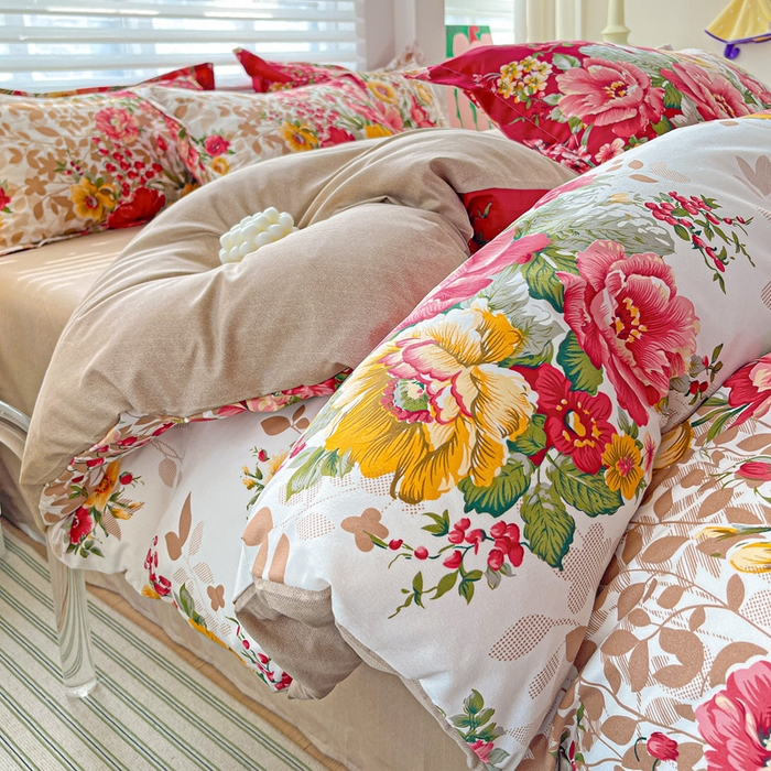 91家纺网 家纺一手货源 找家纺 朵朵家纺 2025新款亲肤水洗棉芦荟棉印花四件套 花初