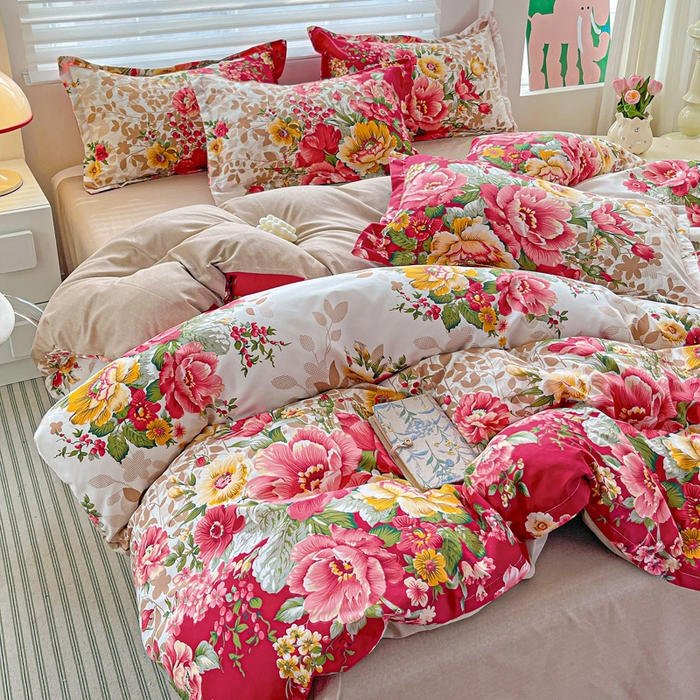 91家纺网 家纺一手货源 找家纺 朵朵家纺 2025新款亲肤水洗棉芦荟棉印花四件套 花初