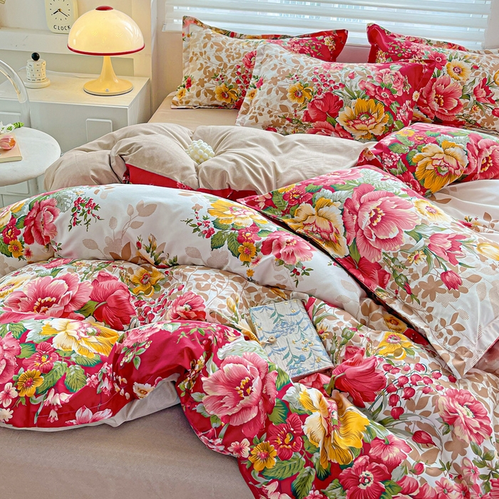 91家纺网 家纺一手货源 找家纺 朵朵家纺 2025新款亲肤水洗棉芦荟棉印花四件套 花初