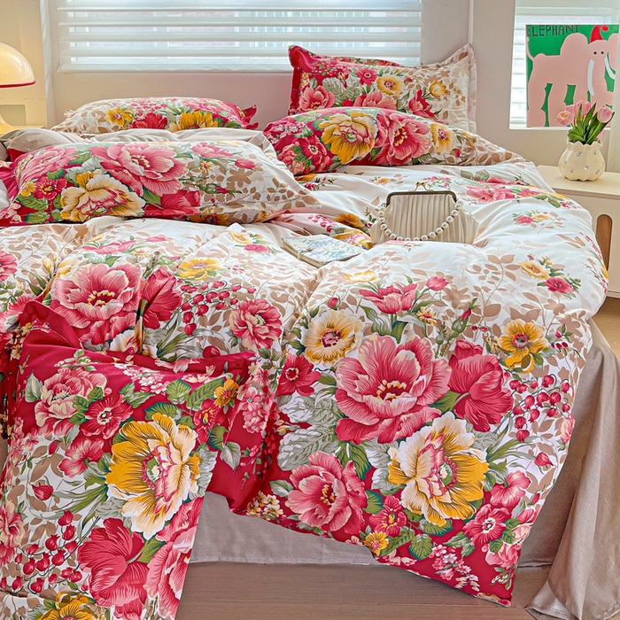 91家纺网 家纺一手货源 找家纺 朵朵家纺 2025新款亲肤水洗棉芦荟棉印花四件套 花初