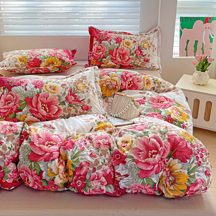 91家纺网 家纺一手货源 找家纺 朵朵家纺 2025新款亲肤水洗棉芦荟棉印花四件套 花初