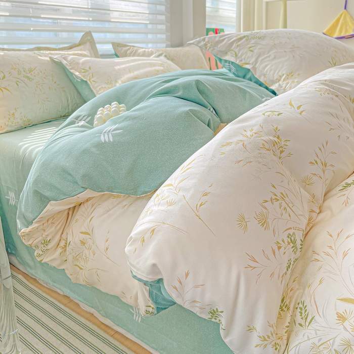 91家纺网 家纺一手货源 找家纺 朵朵家纺 2025新款亲肤水洗棉芦荟棉印花四件套 仙草