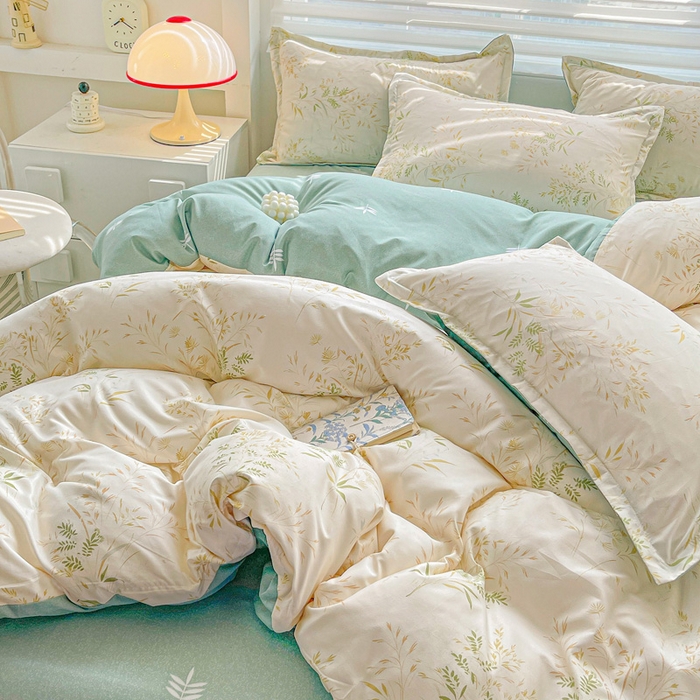 91家纺网 家纺一手货源 找家纺 朵朵家纺 2025新款亲肤水洗棉芦荟棉印花四件套 仙草