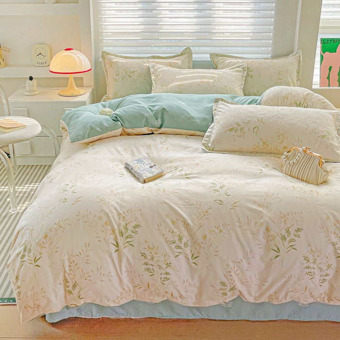 91家纺网 家纺一手货源 找家纺 朵朵家纺 2025新款亲肤水洗棉芦荟棉印花四件套 仙草