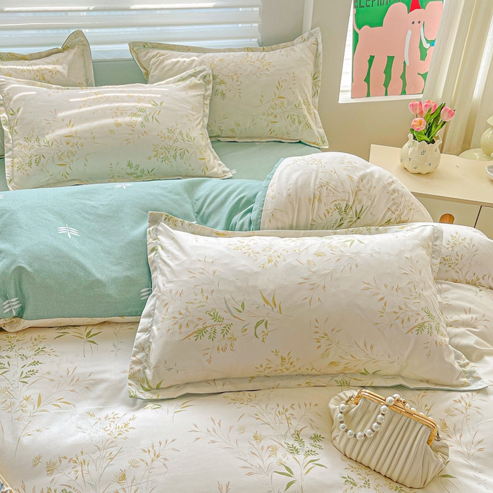 91家纺网 家纺一手货源 找家纺 朵朵家纺 2025新款亲肤水洗棉芦荟棉印花四件套 仙草