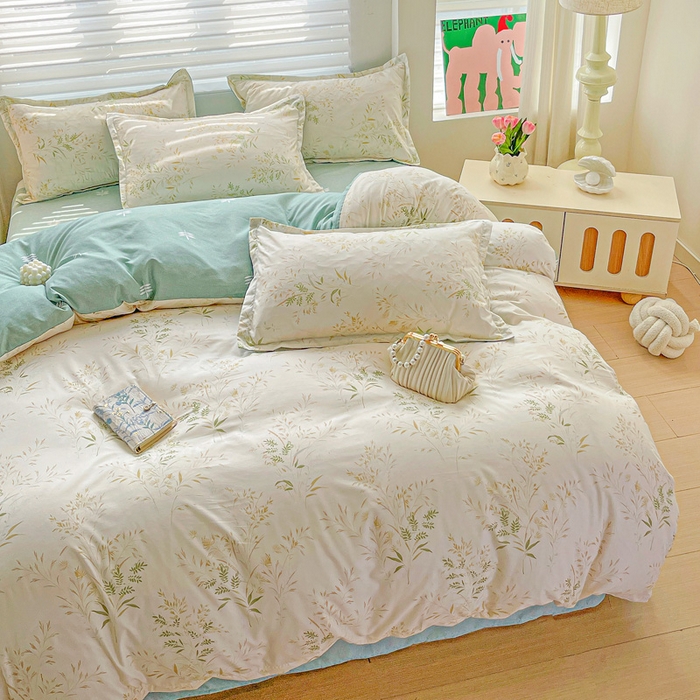 91家纺网 家纺一手货源 找家纺 朵朵家纺 2025新款亲肤水洗棉芦荟棉印花四件套 仙草