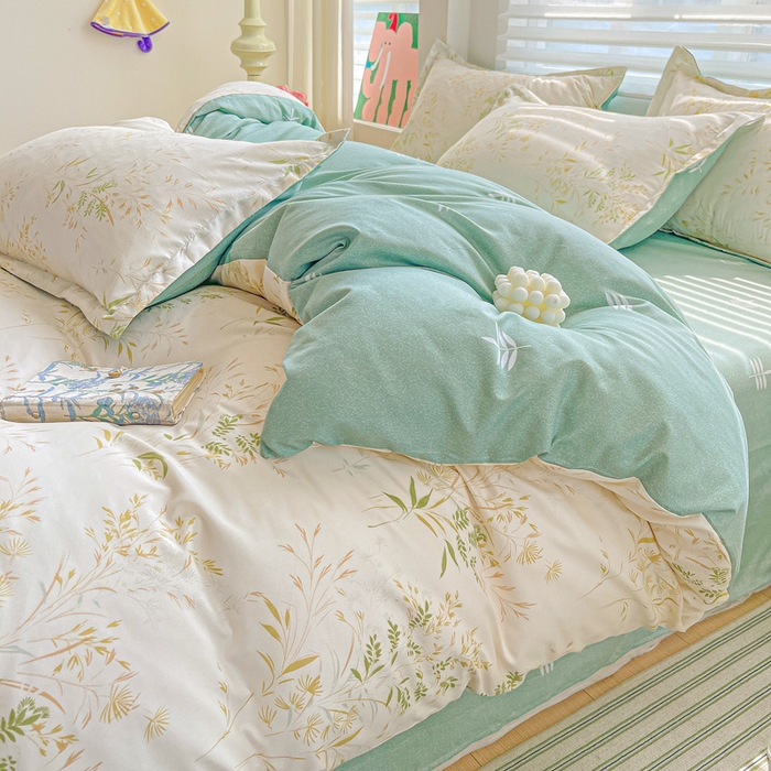 91家纺网 家纺一手货源 找家纺 朵朵家纺 2025新款亲肤水洗棉芦荟棉印花四件套 仙草