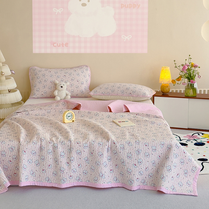 贝扬思家纺 2025新款双层纱抗菌床盖三件套 粉条小狗印