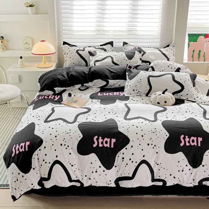 91家纺网 家纺一手货源 找家纺 朵朵家纺 2025新款亲肤水洗棉芦荟棉印花四件套 幸运星