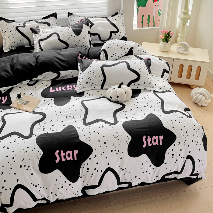 91家纺网 家纺一手货源 找家纺 朵朵家纺 2025新款亲肤水洗棉芦荟棉印花四件套 幸运星