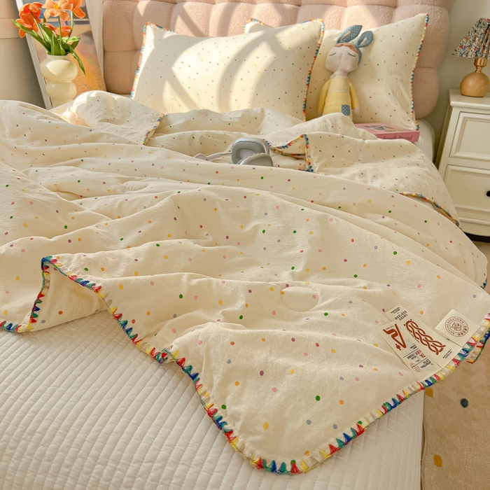 91家纺网 家纺一手货源 找家纺 韩巢家纺 2025夏季新款A类云感双层纱花边款夏被夏凉被空调被薄被子 贝壳边-波点世界