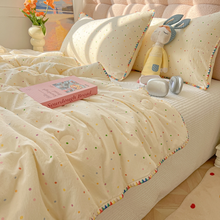 91家纺网 家纺一手货源 找家纺 韩巢家纺 2025夏季新款A类云感双层纱花边款夏被夏凉被空调被薄被子 贝壳边-波点世界