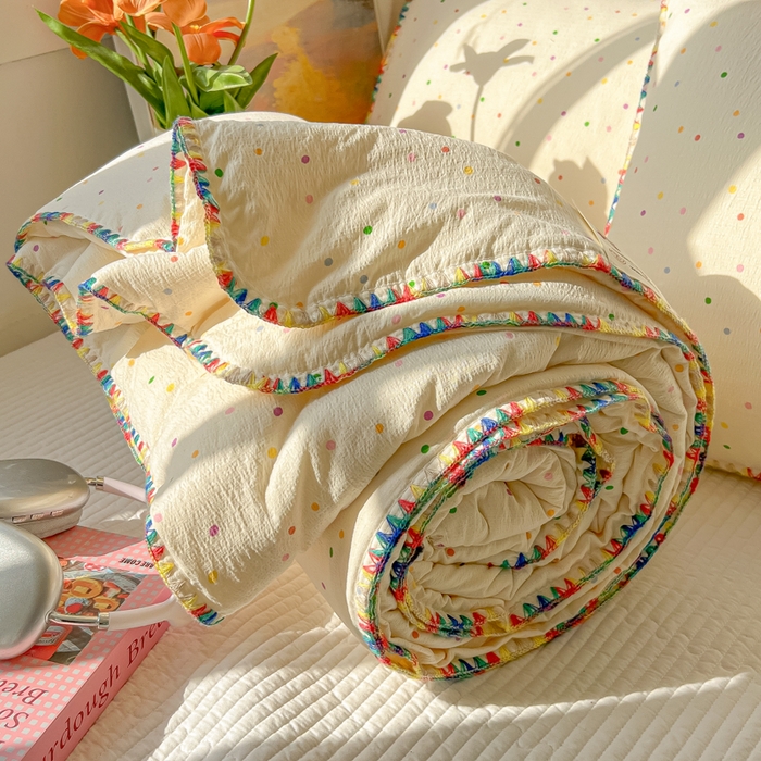 91家纺网 家纺一手货源 找家纺 韩巢家纺 2025夏季新款A类云感双层纱花边款夏被夏凉被空调被薄被子 贝壳边-波点世界