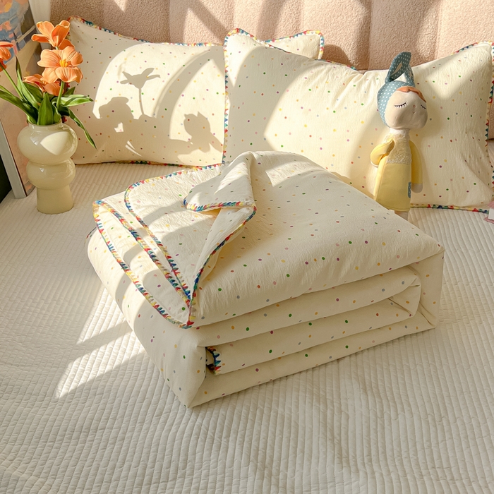 91家纺网 家纺一手货源 找家纺 韩巢家纺 2025夏季新款A类云感双层纱花边款夏被夏凉被空调被薄被子 贝壳边-波点世界