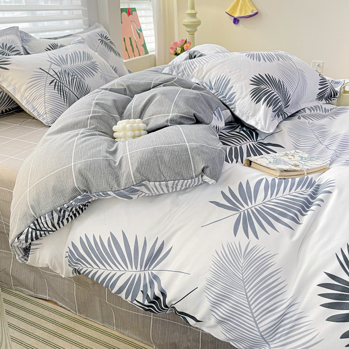 朵朵家纺 2025新款亲肤水洗棉芦荟棉印花四件套 叶羽