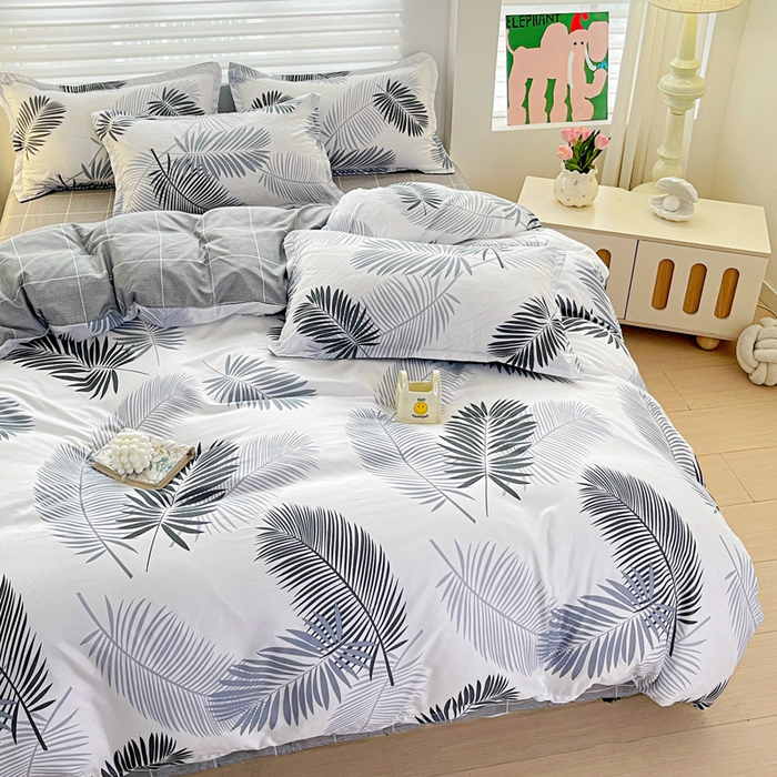 91家纺网 家纺一手货源 找家纺 朵朵家纺 2025新款亲肤水洗棉芦荟棉印花四件套 叶羽