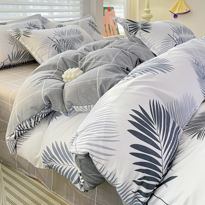 91家纺网 家纺一手货源 找家纺 朵朵家纺 2025新款亲肤水洗棉芦荟棉印花四件套 叶羽