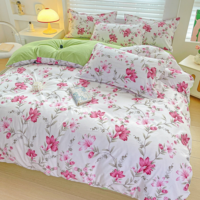 91家纺网 家纺一手货源 找家纺 朵朵家纺 2025新款亲肤水洗棉芦荟棉印花四件套 紫鸢