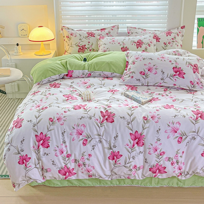 91家纺网 家纺一手货源 找家纺 朵朵家纺 2025新款亲肤水洗棉芦荟棉印花四件套 紫鸢