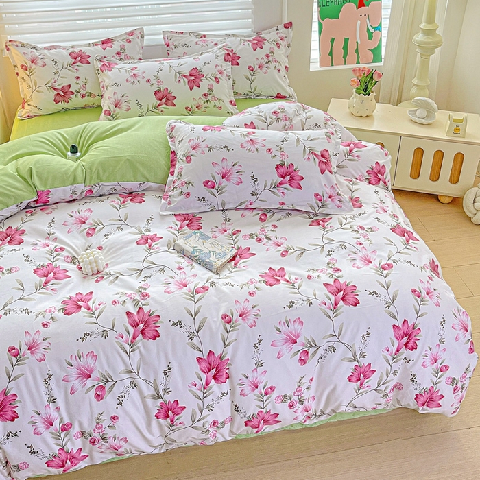 91家纺网 家纺一手货源 找家纺 朵朵家纺 2025新款亲肤水洗棉芦荟棉印花四件套 紫鸢