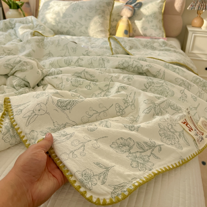 91家纺网 家纺一手货源 找家纺 韩巢家纺 2025夏季新款A类云感双层纱花边款夏被夏凉被空调被薄被子 贝壳边-海像森林