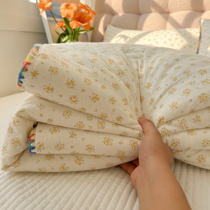 91家纺网 家纺一手货源 找家纺 韩巢家纺 2025夏季新款A类云感双层纱花边款夏被夏凉被空调被薄被子 贝壳边-橘子海