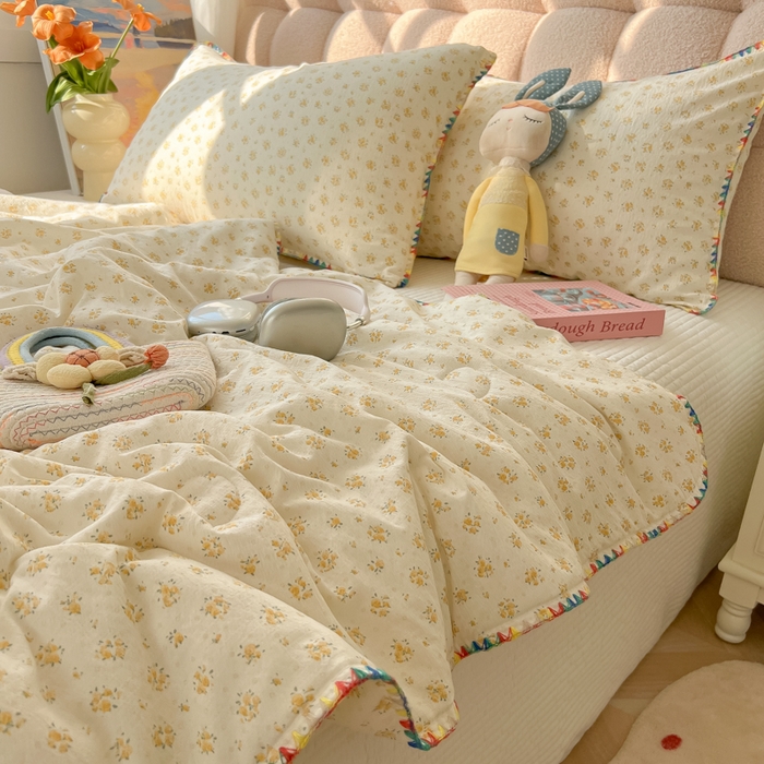 91家纺网 家纺一手货源 找家纺 韩巢家纺 2025夏季新款A类云感双层纱花边款夏被夏凉被空调被薄被子 贝壳边-橘子海