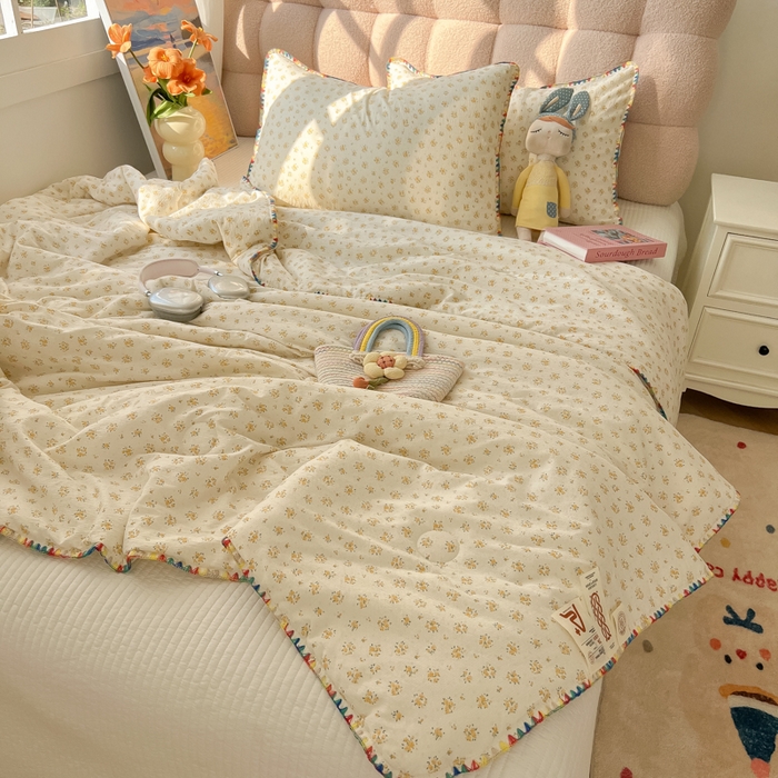 91家纺网 家纺一手货源 找家纺 韩巢家纺 2025夏季新款A类云感双层纱花边款夏被夏凉被空调被薄被子 贝壳边-橘子海