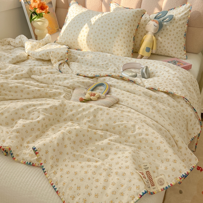 91家纺网 家纺一手货源 找家纺 韩巢家纺 2025夏季新款A类云感双层纱花边款夏被夏凉被空调被薄被子 贝壳边-橘子海