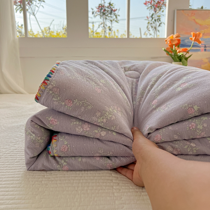 91家纺网 家纺一手货源 找家纺 韩巢家纺 2025夏季新款A类云感双层纱花边款夏被夏凉被空调被薄被子 贝壳边-恋如青柠香