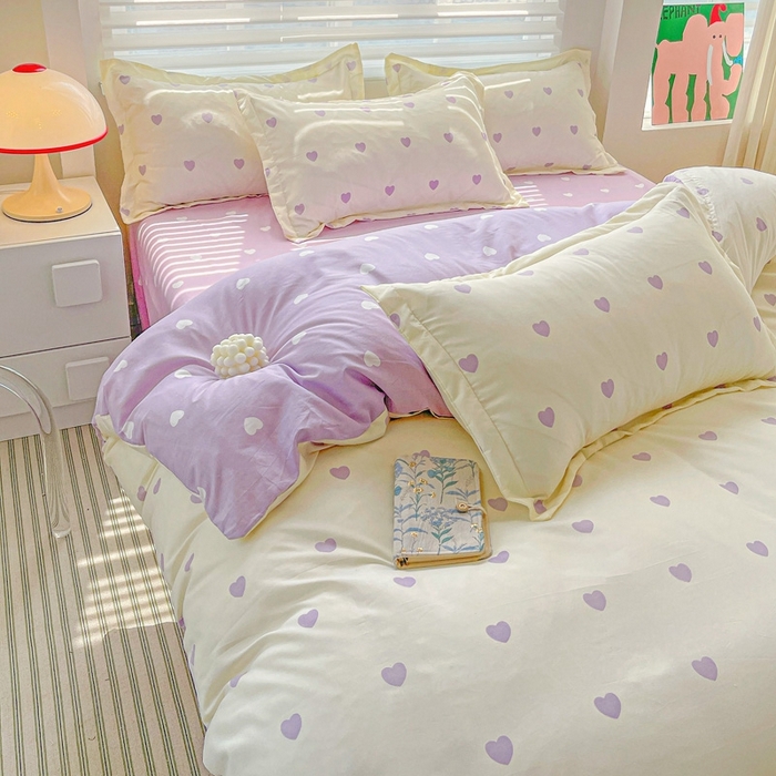 91家纺网 家纺一手货源 找家纺 朵朵家纺 2025新款亲肤水洗棉芦荟棉印花四件套 爱心灰