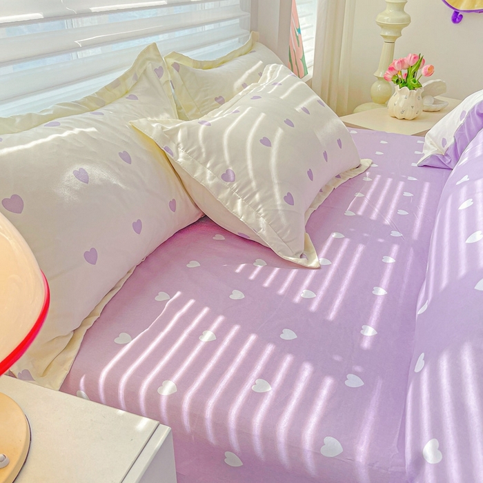 91家纺网 家纺一手货源 找家纺 朵朵家纺 2025新款亲肤水洗棉芦荟棉印花四件套 爱心灰