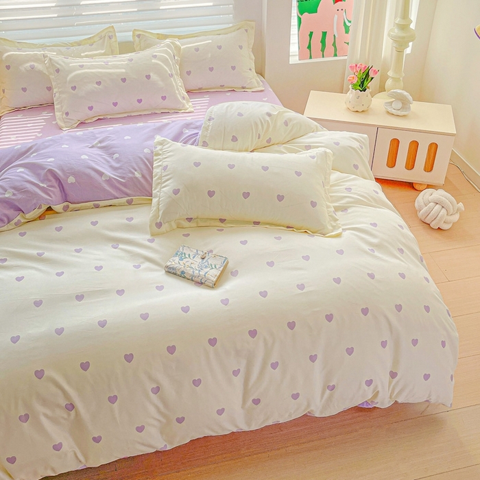 91家纺网 家纺一手货源 找家纺 朵朵家纺 2025新款亲肤水洗棉芦荟棉印花四件套 爱心灰