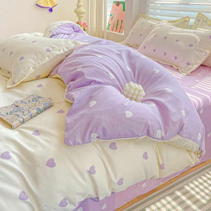 91家纺网 家纺一手货源 找家纺 朵朵家纺 2025新款亲肤水洗棉芦荟棉印花四件套 爱心灰