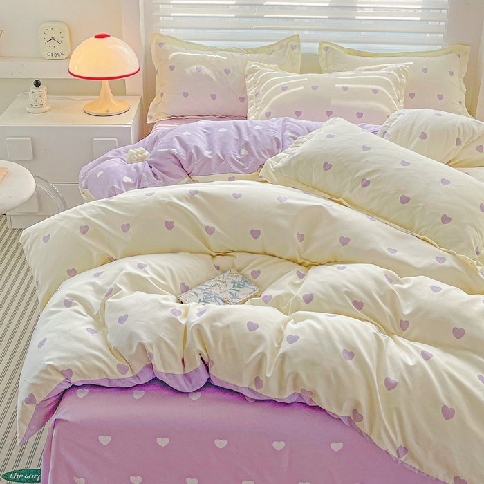 91家纺网 家纺一手货源 找家纺 朵朵家纺 2025新款亲肤水洗棉芦荟棉印花四件套 爱心灰