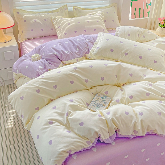 91家纺网 家纺一手货源 找家纺 朵朵家纺 2025新款亲肤水洗棉芦荟棉印花四件套 爱心灰