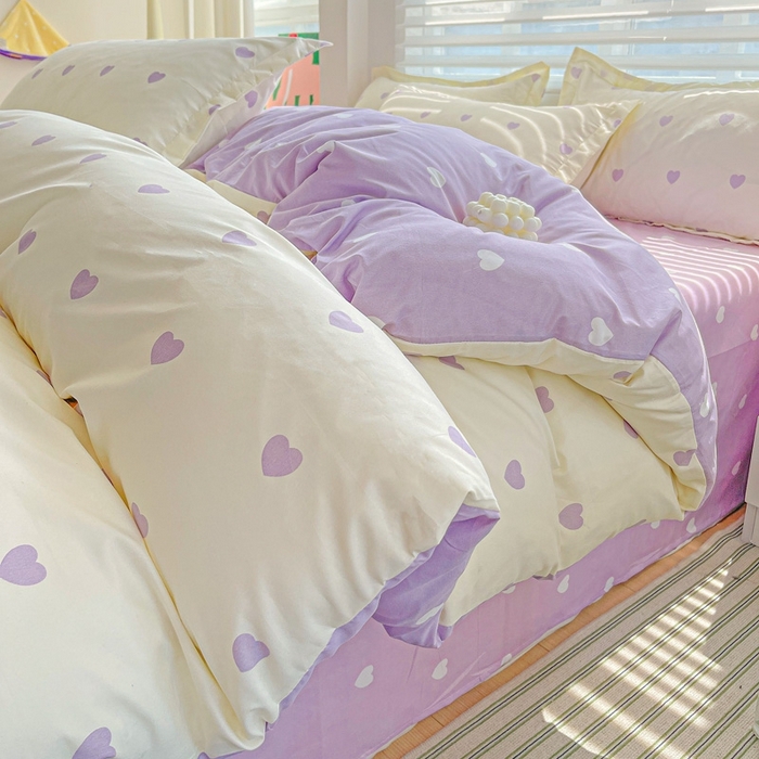 91家纺网 家纺一手货源 找家纺 朵朵家纺 2025新款亲肤水洗棉芦荟棉印花四件套 爱心灰