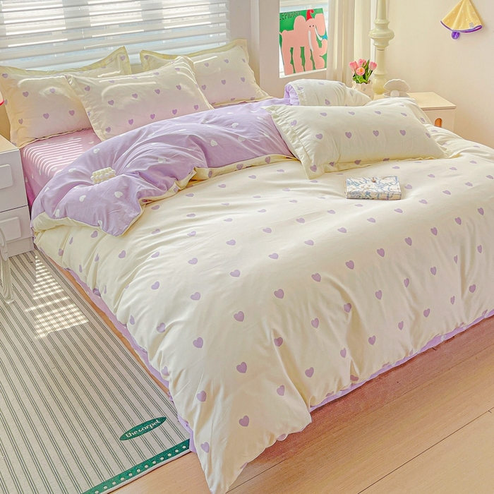 91家纺网 家纺一手货源 找家纺 朵朵家纺 2025新款亲肤水洗棉芦荟棉印花四件套 爱心灰