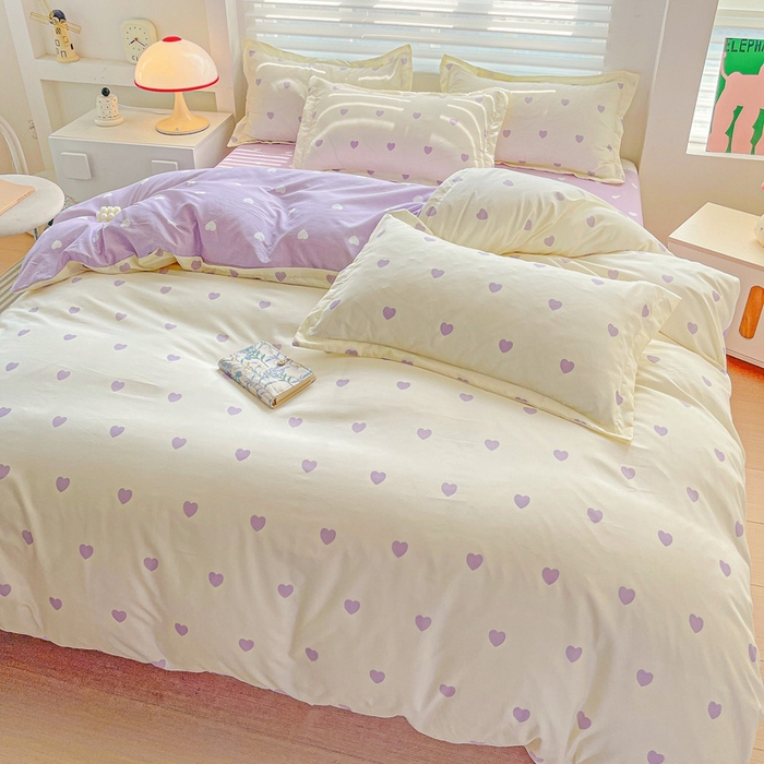 91家纺网 家纺一手货源 找家纺 朵朵家纺 2025新款亲肤水洗棉芦荟棉印花四件套 爱心灰