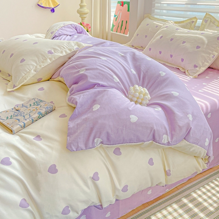 91家纺网 家纺一手货源 找家纺 朵朵家纺 2025新款亲肤水洗棉芦荟棉印花四件套 爱心灰