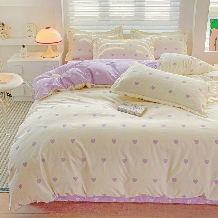 91家纺网 家纺一手货源 找家纺 朵朵家纺 2025新款亲肤水洗棉芦荟棉印花四件套 爱心灰