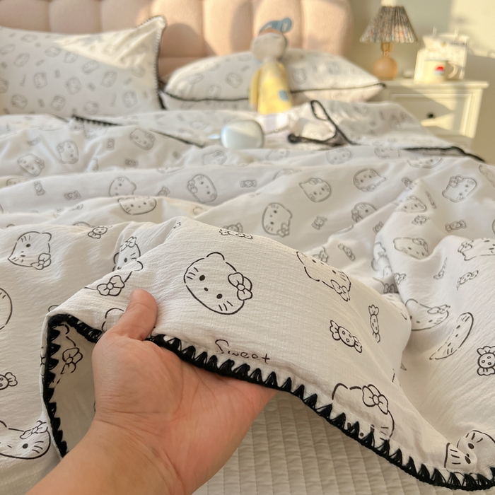 91家纺网 家纺一手货源 找家纺 韩巢家纺 2025夏季新款A类云感双层纱花边款夏被夏凉被空调被薄被子 贝壳边-猫咪恋人