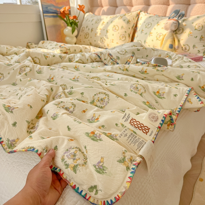 91家纺网 家纺一手货源 找家纺 韩巢家纺 2025夏季新款A类云感双层纱花边款夏被夏凉被空调被薄被子 贝壳边-兔子的世界