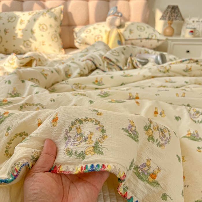 91家纺网 家纺一手货源 找家纺 韩巢家纺 2025夏季新款A类云感双层纱花边款夏被夏凉被空调被薄被子 贝壳边-兔子的世界