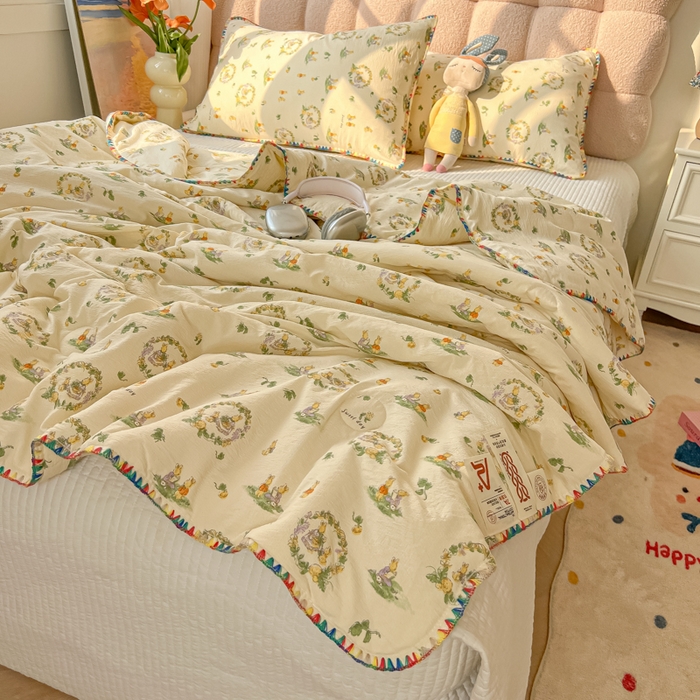 91家纺网 家纺一手货源 找家纺 韩巢家纺 2025夏季新款A类云感双层纱花边款夏被夏凉被空调被薄被子 贝壳边-兔子的世界