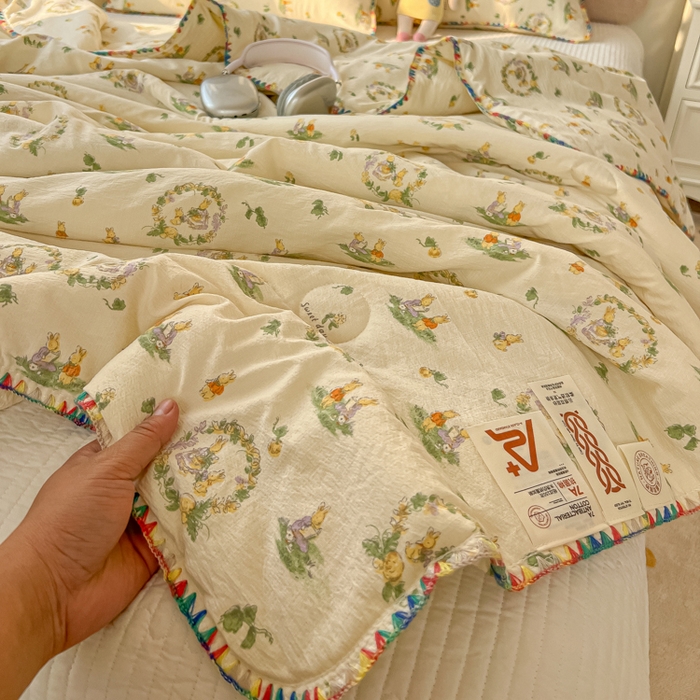 91家纺网 家纺一手货源 找家纺 韩巢家纺 2025夏季新款A类云感双层纱花边款夏被夏凉被空调被薄被子 贝壳边-兔子的世界