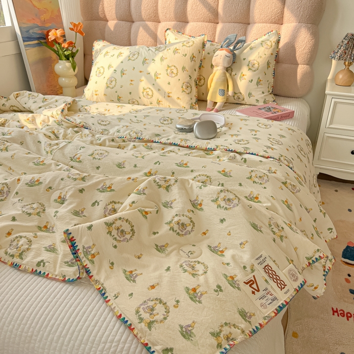 91家纺网 家纺一手货源 找家纺 韩巢家纺 2025夏季新款A类云感双层纱花边款夏被夏凉被空调被薄被子 贝壳边-兔子的世界