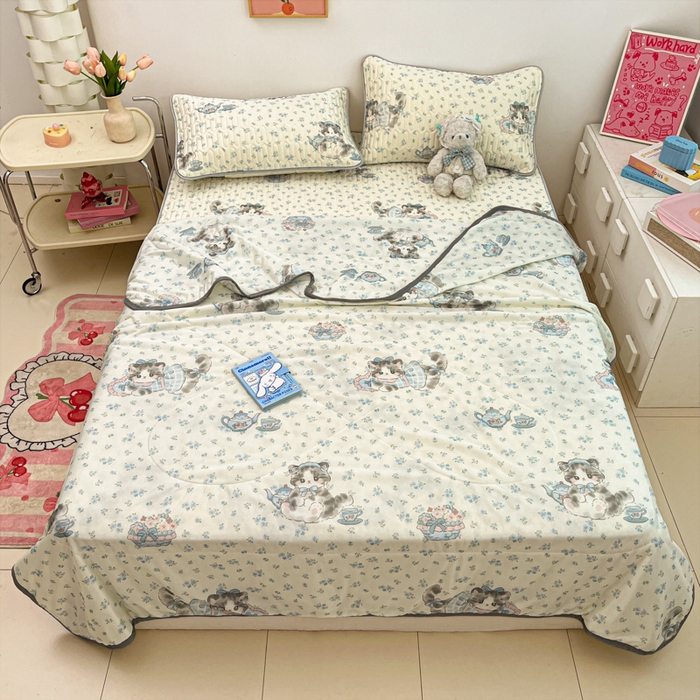 91家纺网 家纺一手货源 找家纺 （总）沐慕 2025新款小清新凉感丝夏被凉席四件套